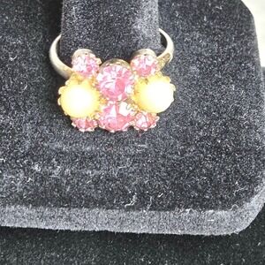 Vintage Pink Glass Cluster Gold Tone Cocktail Ring Faux Pearl Mid-Century 8.5
